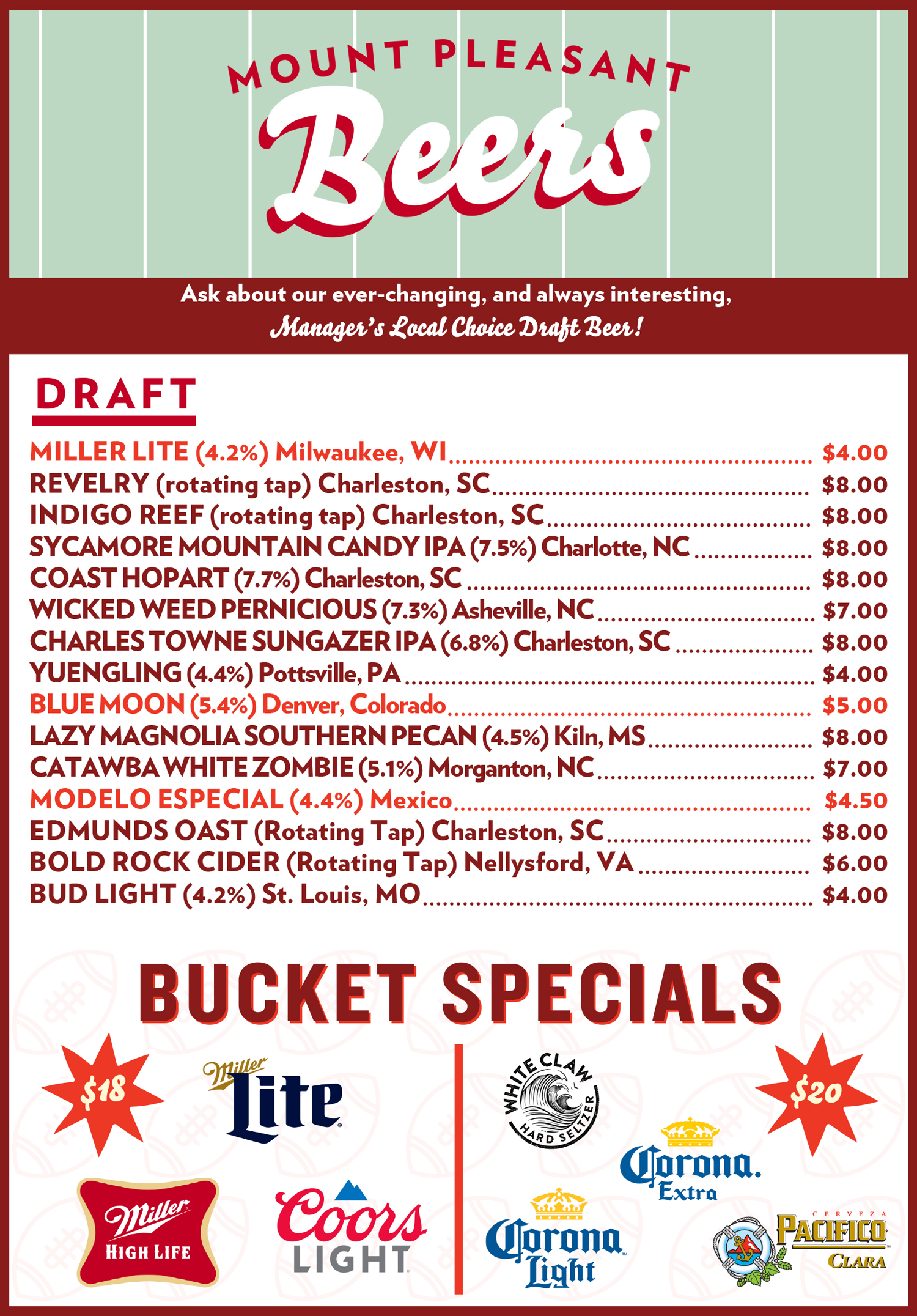 MOUNT PLEASANT BEERS MENU