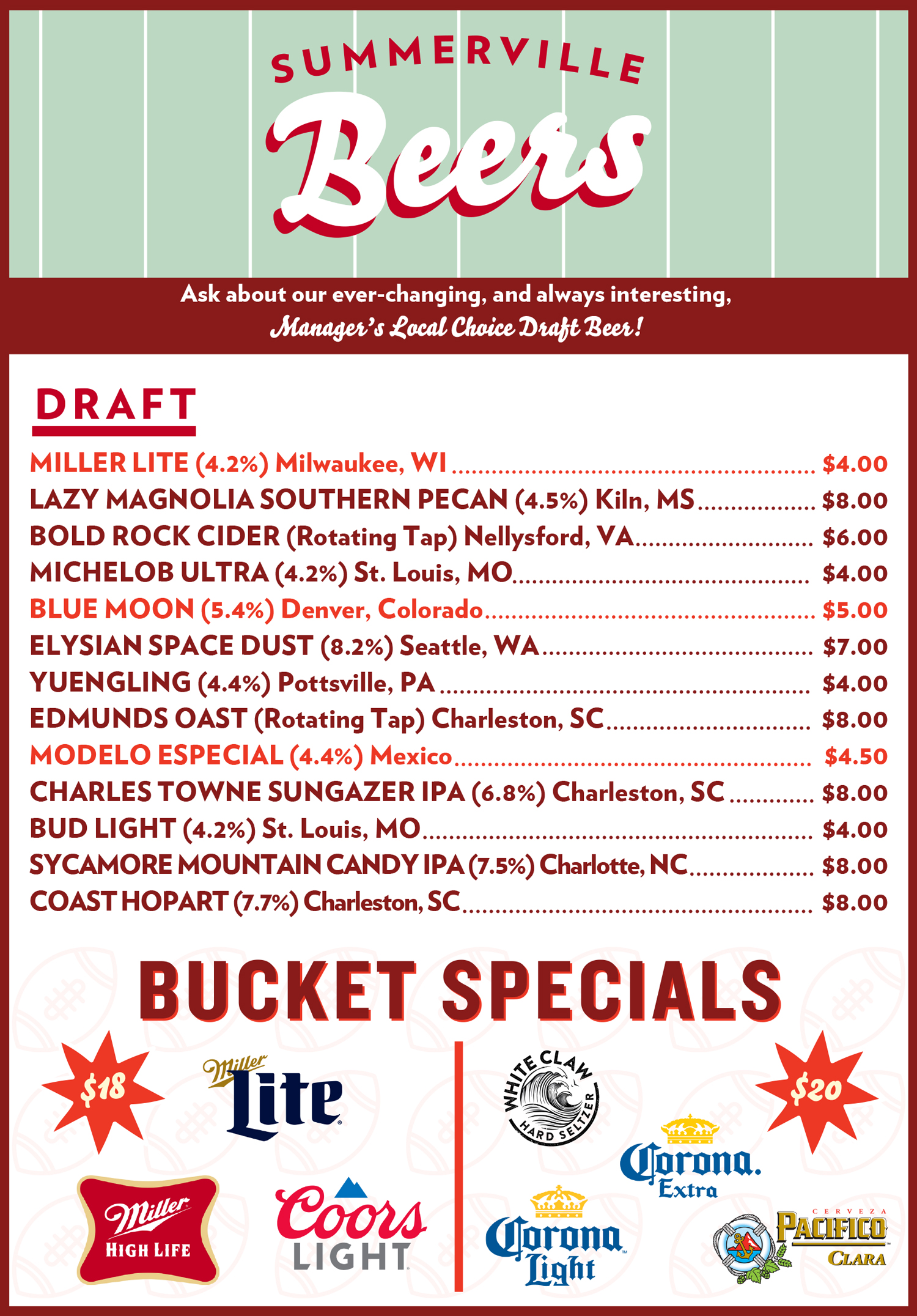 SUMMERVILLE BEERS MENU