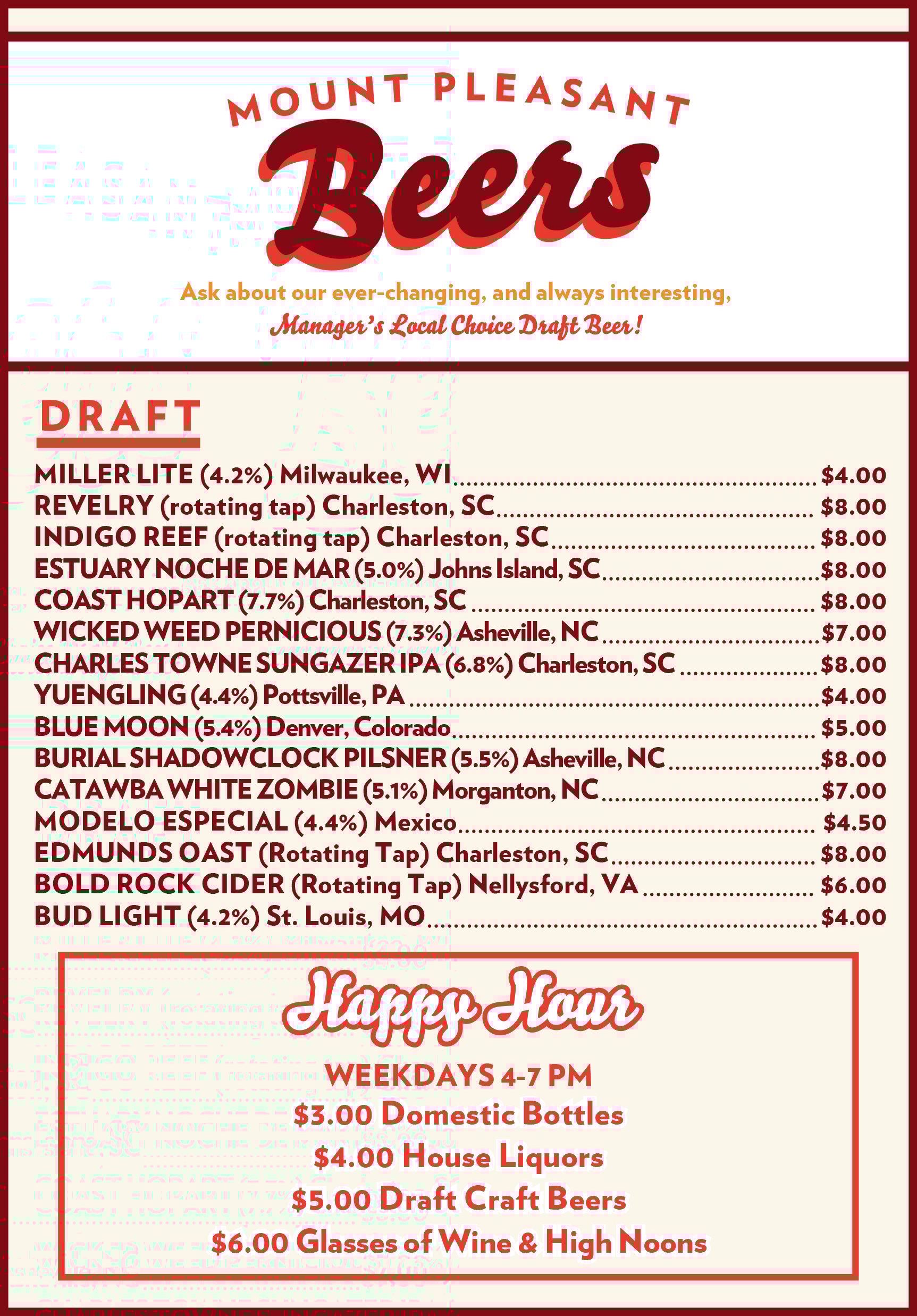 Mount Pleasant 1 mount pleasant draft beers menu